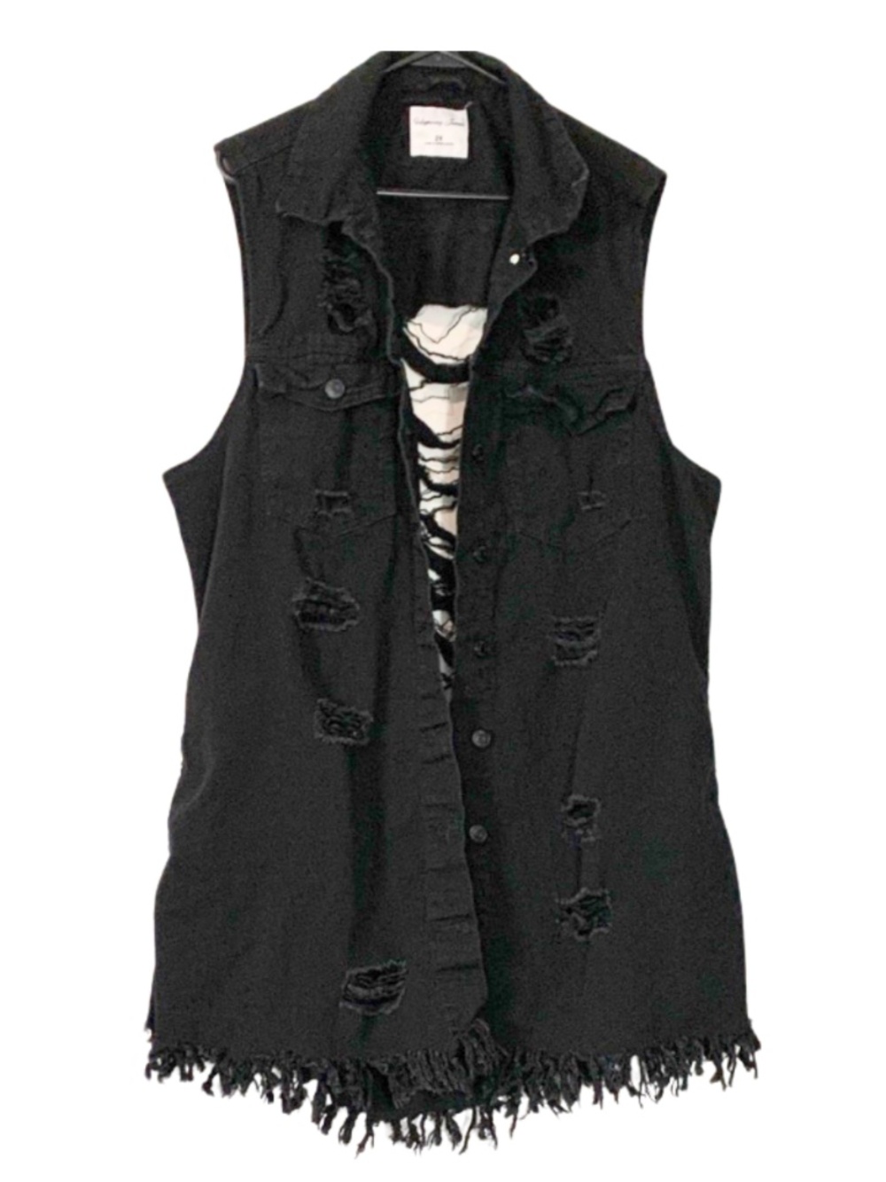 Distressed Black Long Button Down Denim Vest Women’s 2X Tattered Tassels Grunge